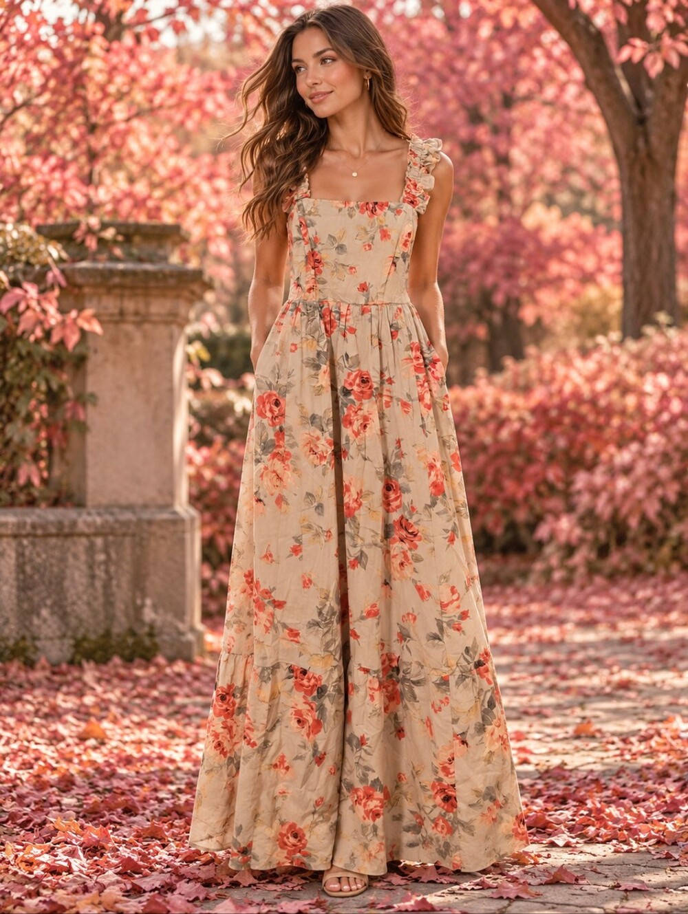 torrid Cream Maxi Dress with Coral Floral Print and Ruffled Straps - Picture 1 of 14